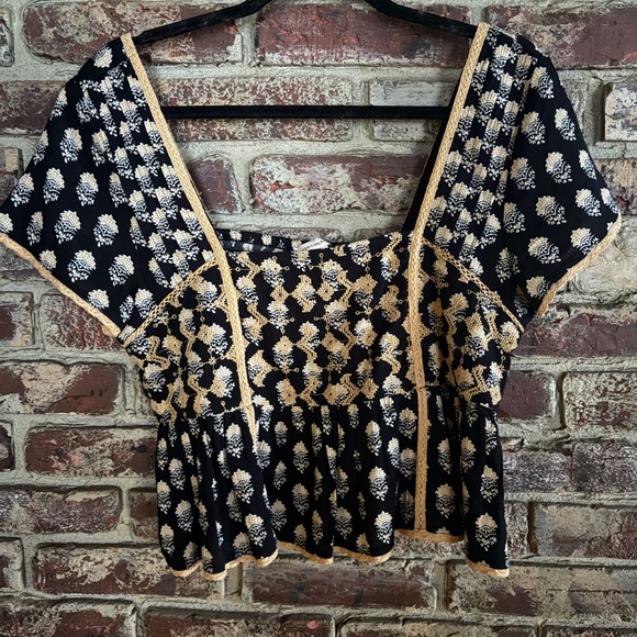 American Eagle Smocked Babydoll Top Boho Floral Square Neck Peplum Cottagecore S - Picture 2 of 4